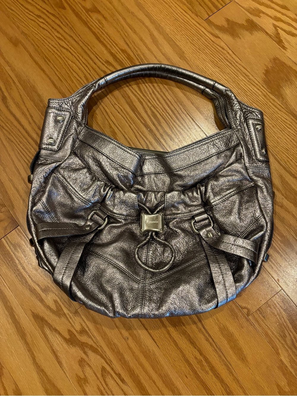 B. Makowsky Havana Hobo Bag Pewter Metallic Y2K Large Top Zip Leather